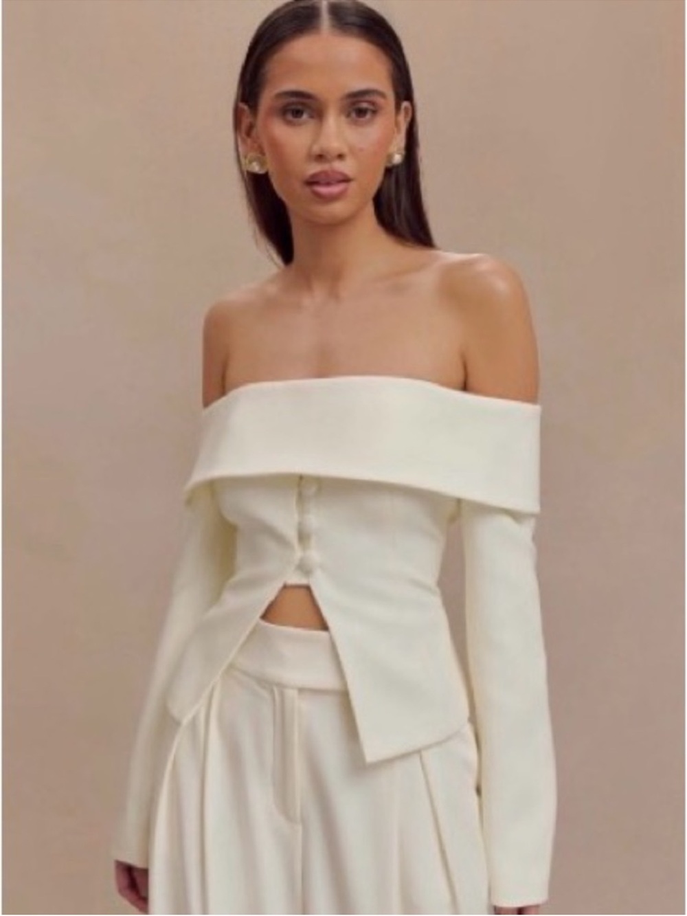 Meshki Off-Shoulder Ivory Button-Front Top Jacket